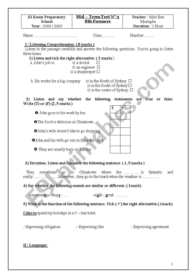 exam for 8th learners worksheet