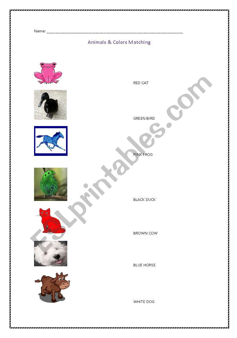 Animals & Colors matching worksheet