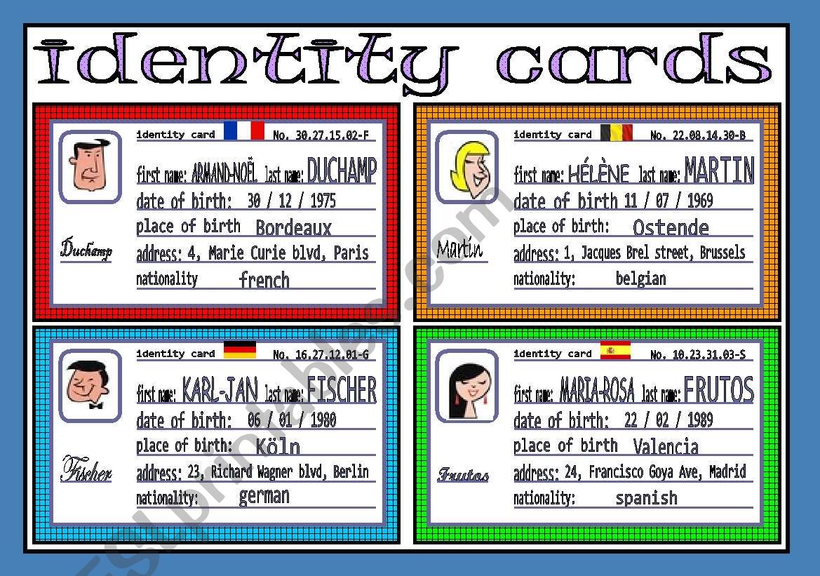 identity cards (1/3) worksheet