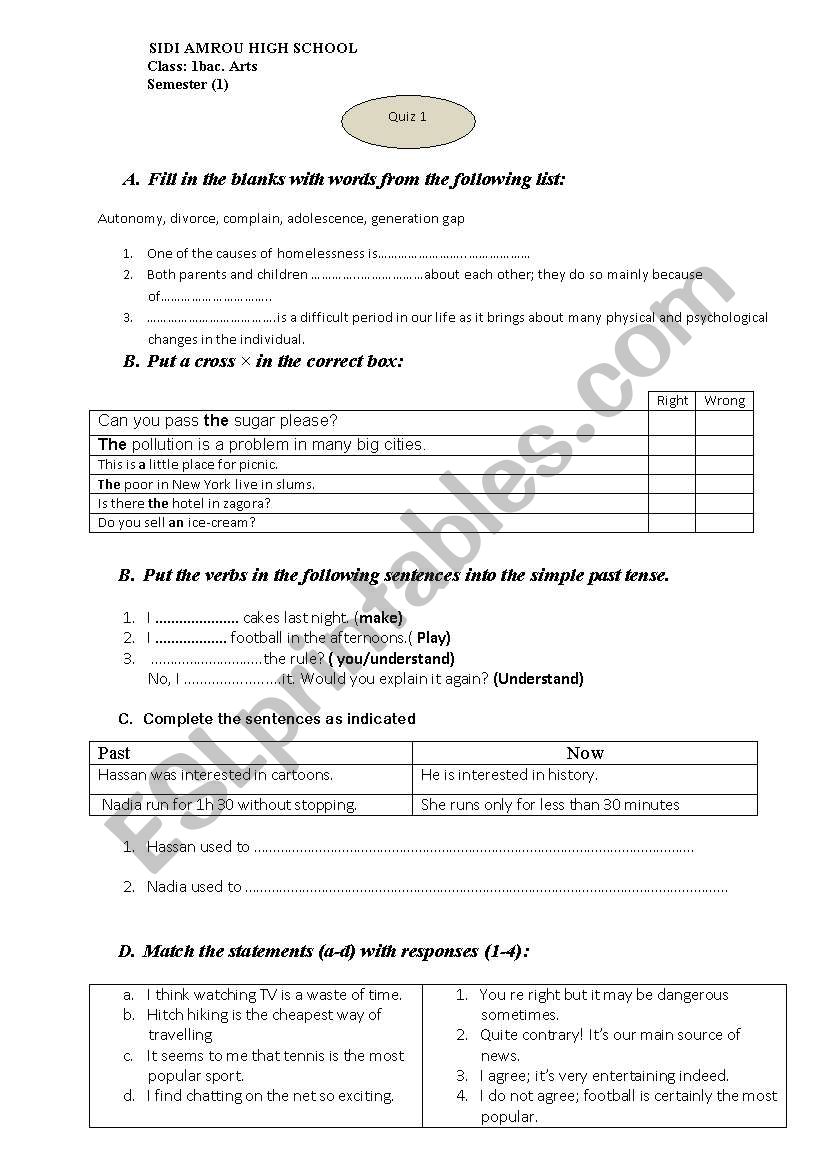 Test in language worksheet