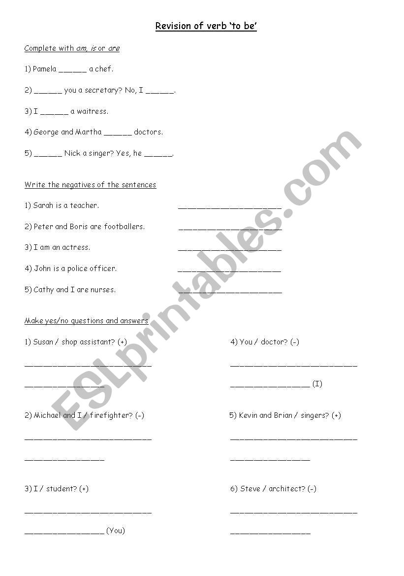 Revision of Verb To be worksheet