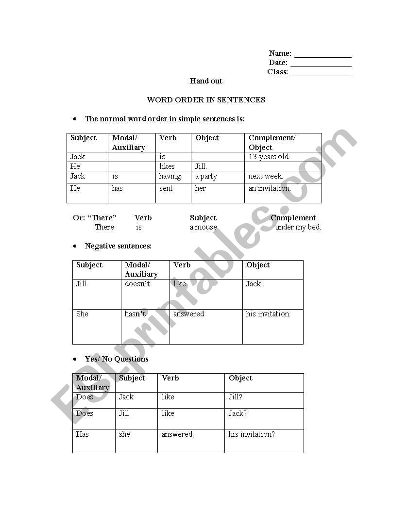 Word Order worksheet