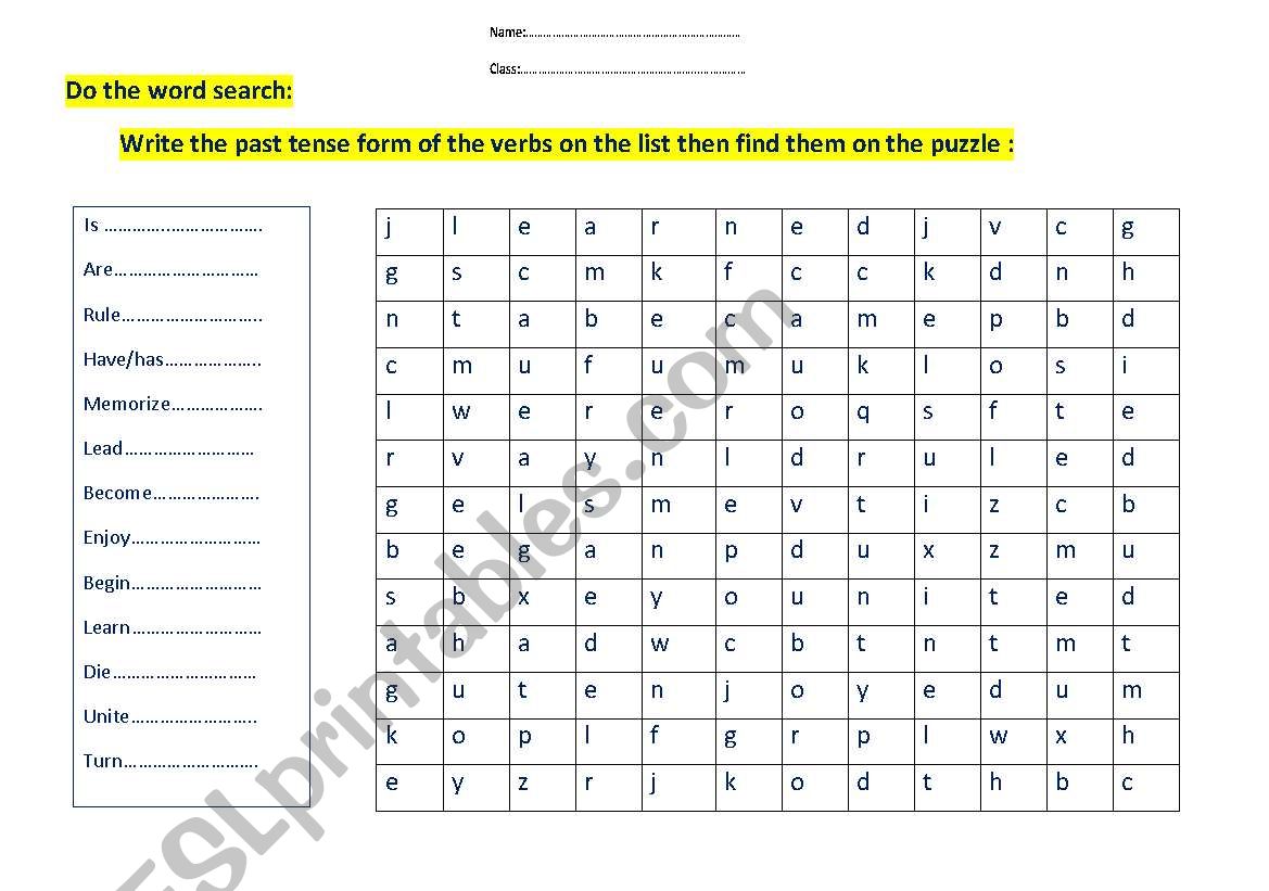 Simple Past Tense puzzle worksheet