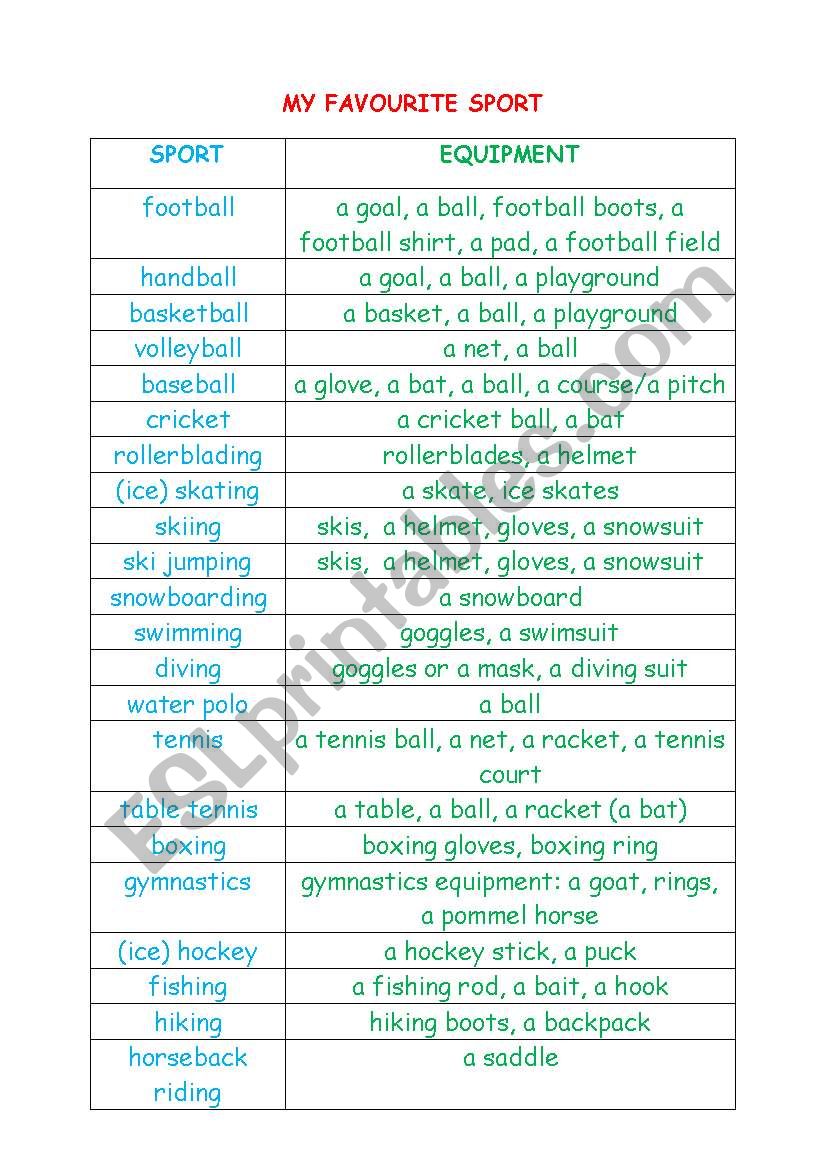 SPORTS AND EQUIPMENT worksheet