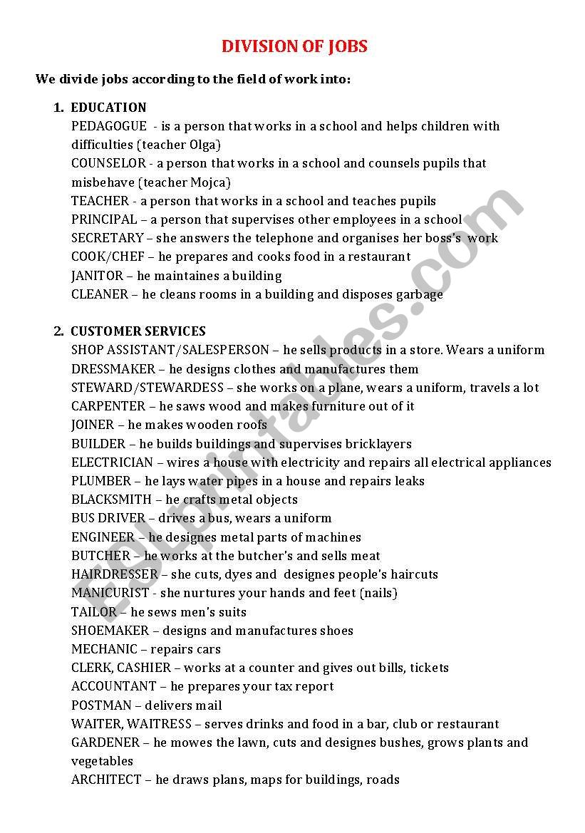 DIVISION OF JOBS worksheet