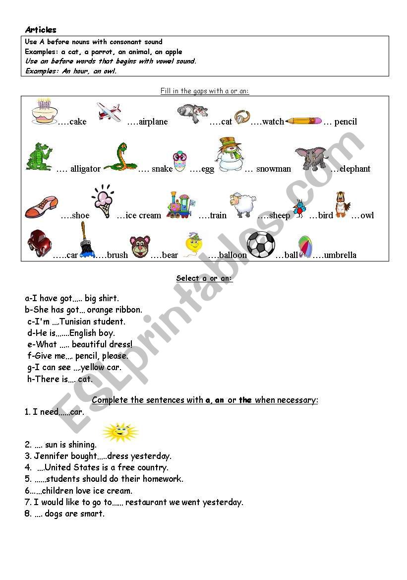 articles worksheet