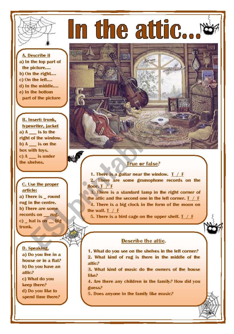 In the attic (picture description, prepositions, articles...)