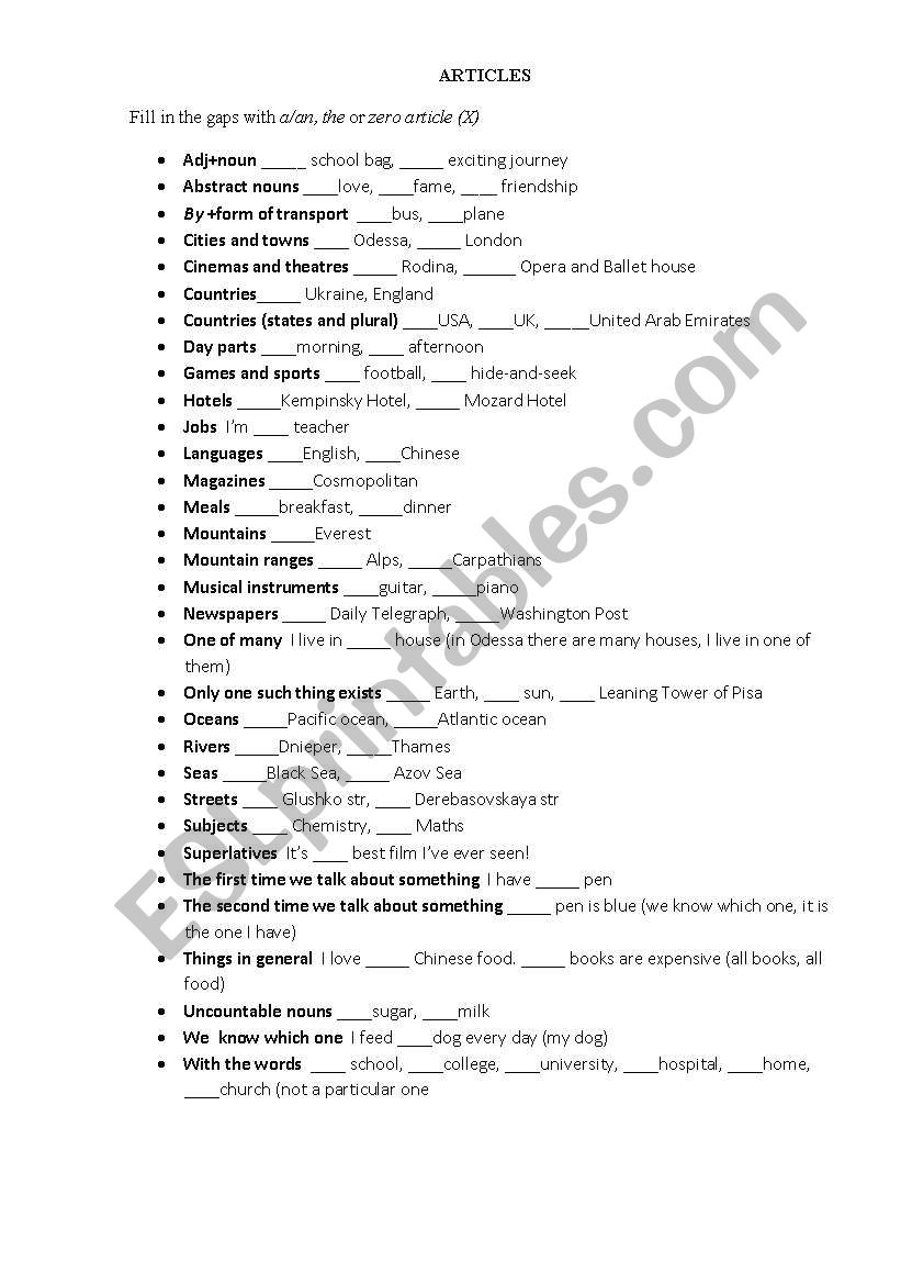 Articles worksheet