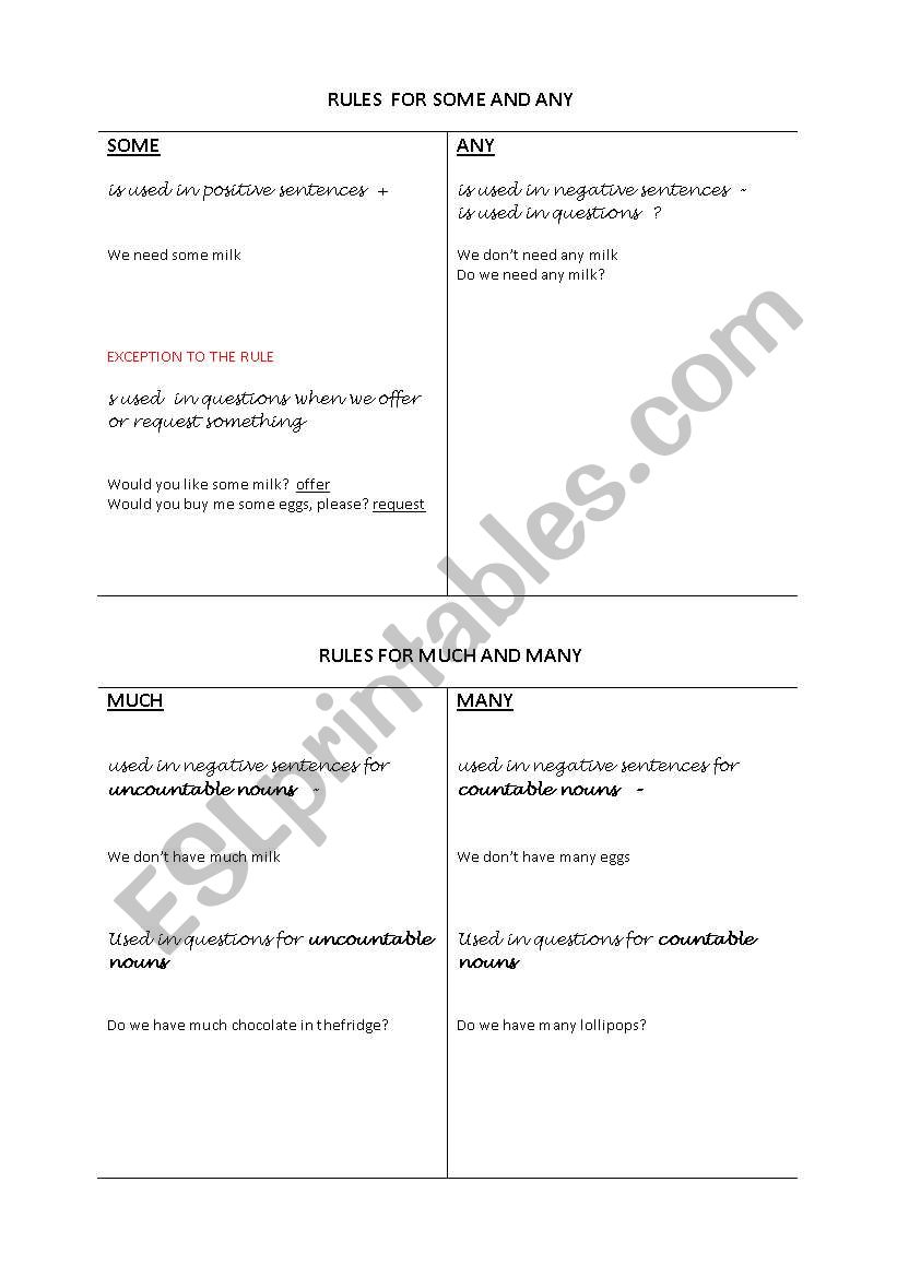 Some and any. Much and many worksheet