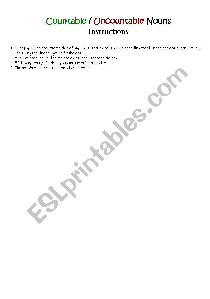 Countable/uncountable nouns (flashcards + instructions)
