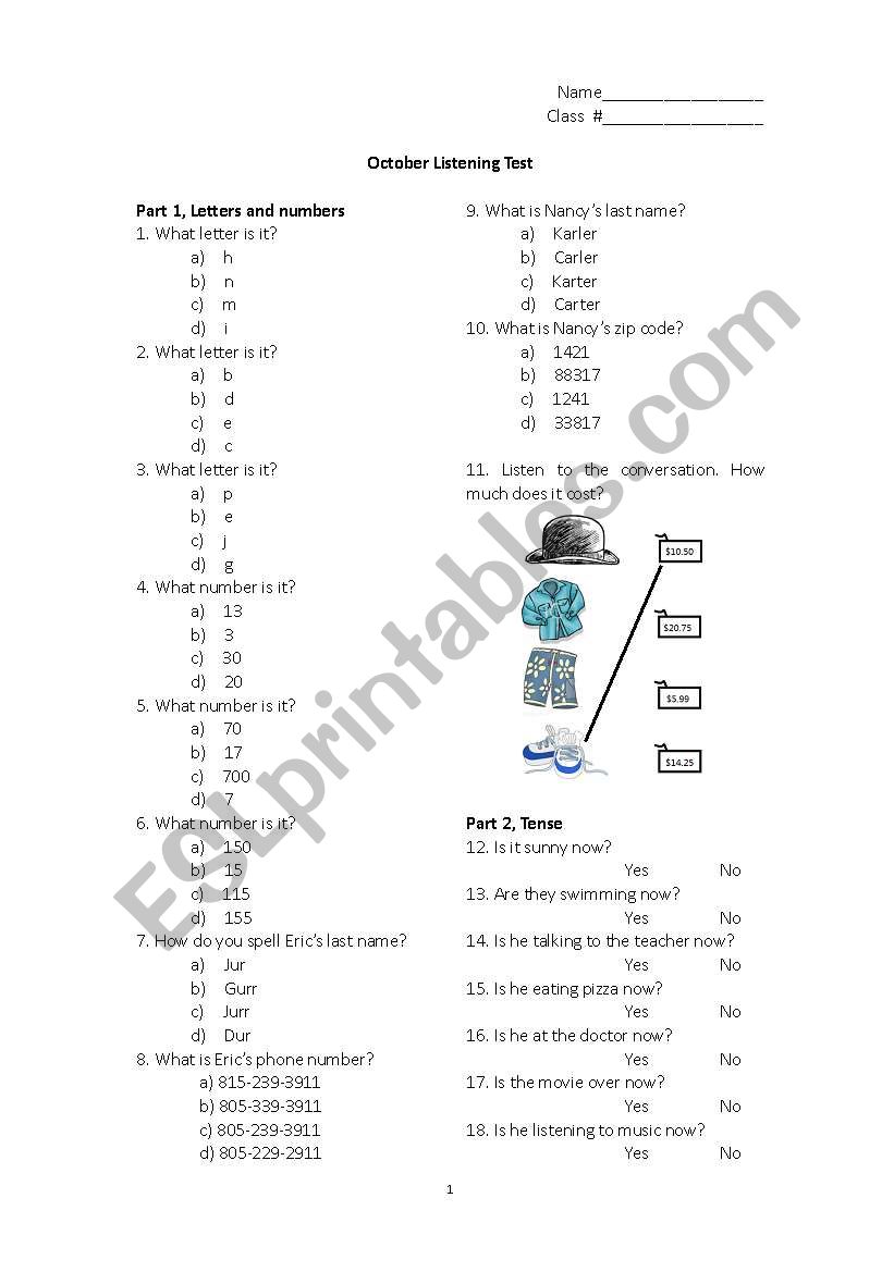 Pre-listening test worksheet