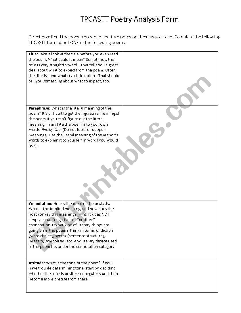 TPCASTT Graphic Organizer worksheet