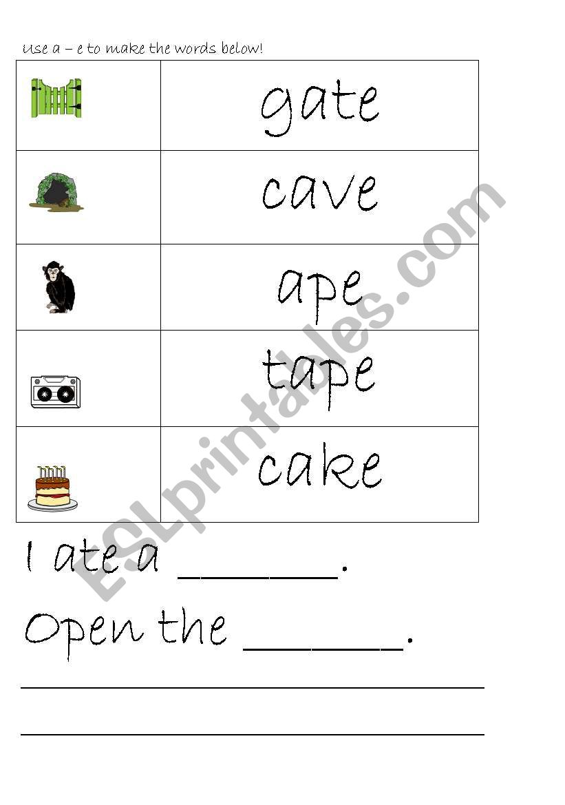 Split diagraph a_e worksheet