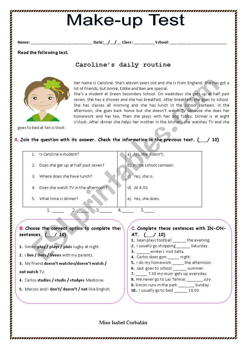 Carolines daily routine worksheet