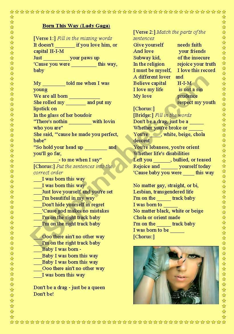 lady gaga born this way worksheet