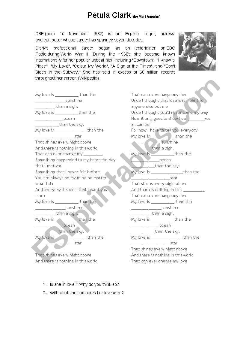 Petula Clark - My Love worksheet