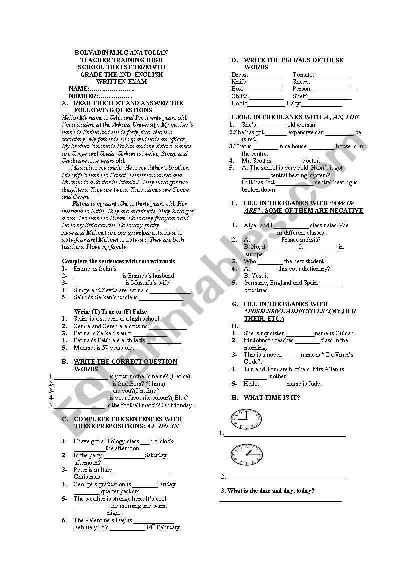 exam for 9th grade worksheet