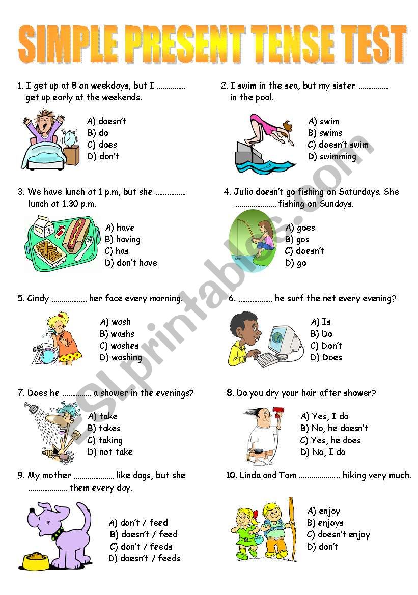 Simple Present Tense Test Worksheets