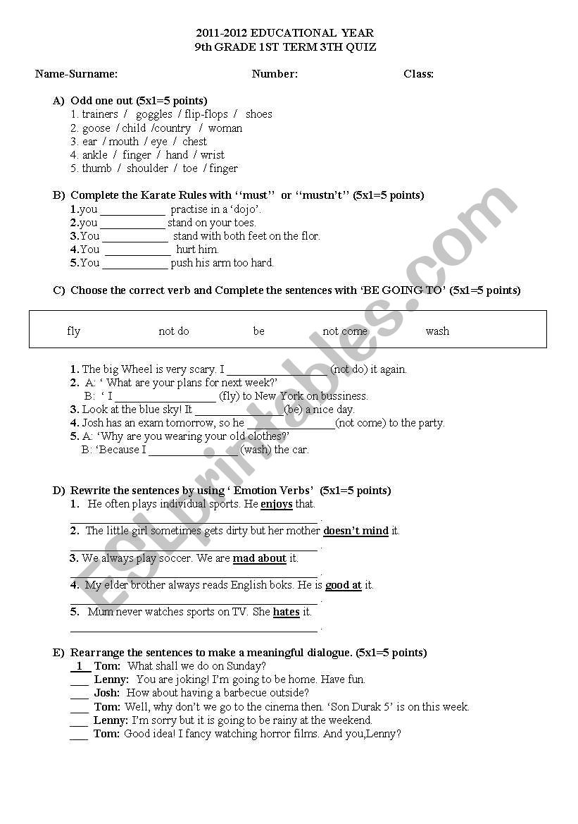 9th grade quiz worksheet