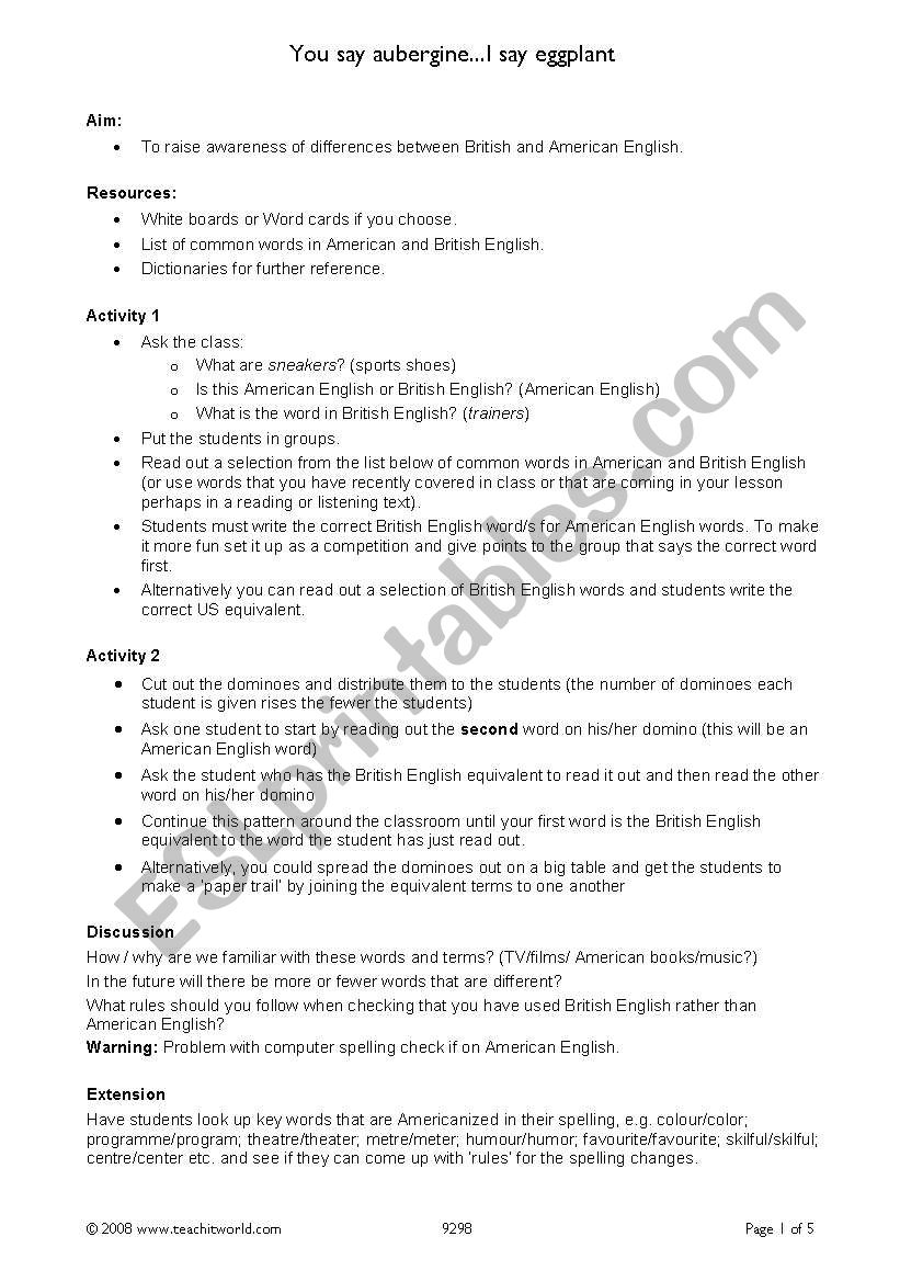 british american english worksheet