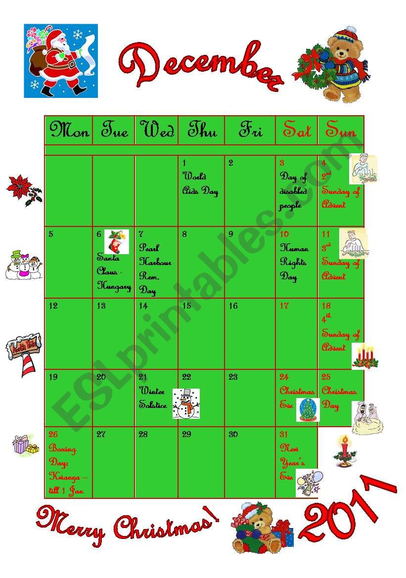 December - calendar worksheet