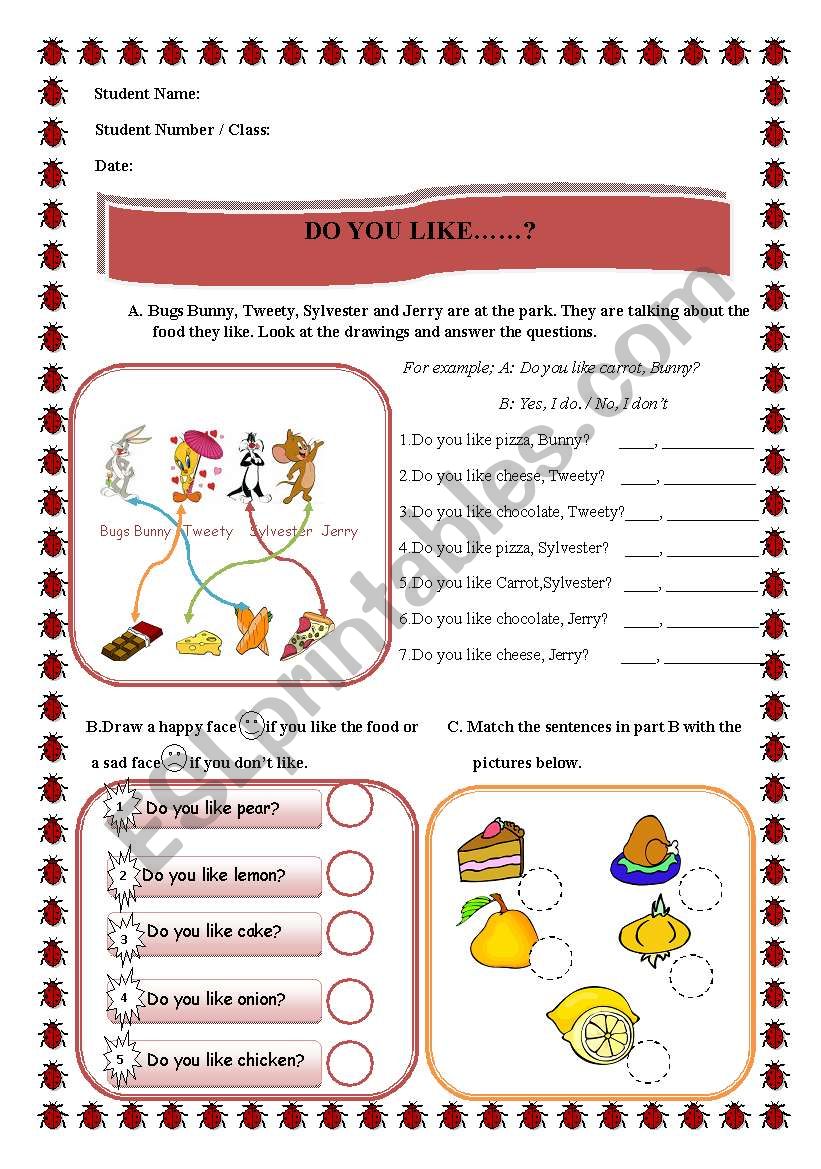 like & dislike - food & drink worksheet