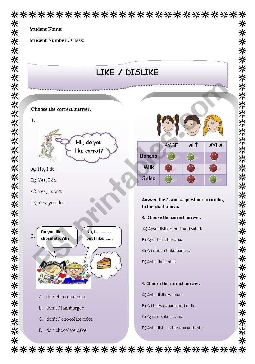 like & dislike - food & drink worksheet