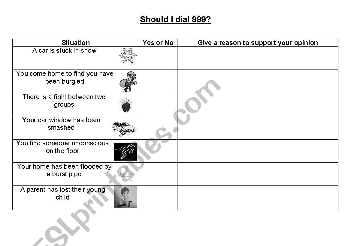 When should I dial 999? worksheet