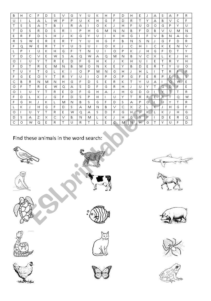 Animal wordsearch worksheet