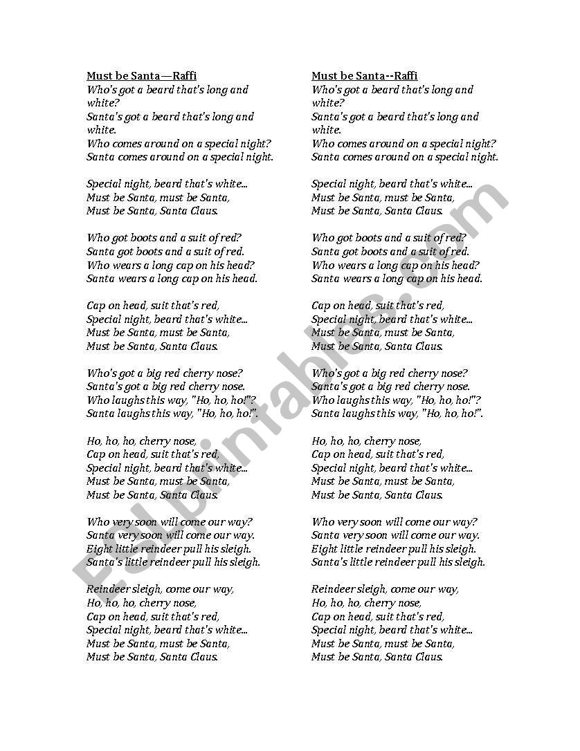 Must Be Santa Lyrics + Game ESL worksheet by DGrodek