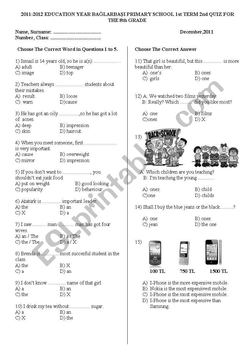 test exam worksheet