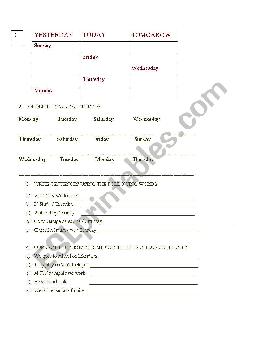 DAYS and prepositions of time worksheet