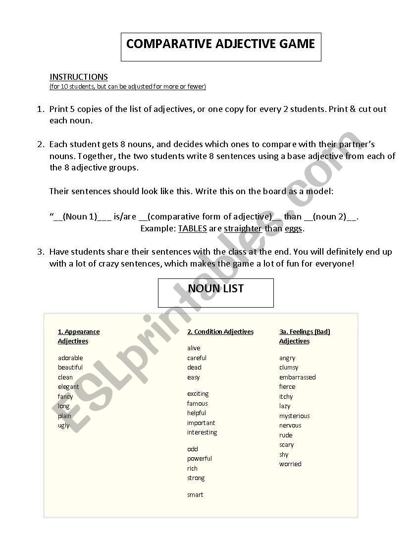 Comparative Adjective Game worksheet