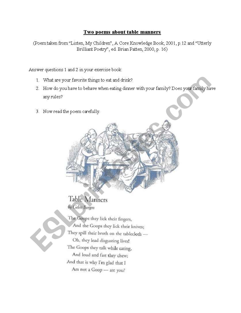 Two poems about table manners worksheet