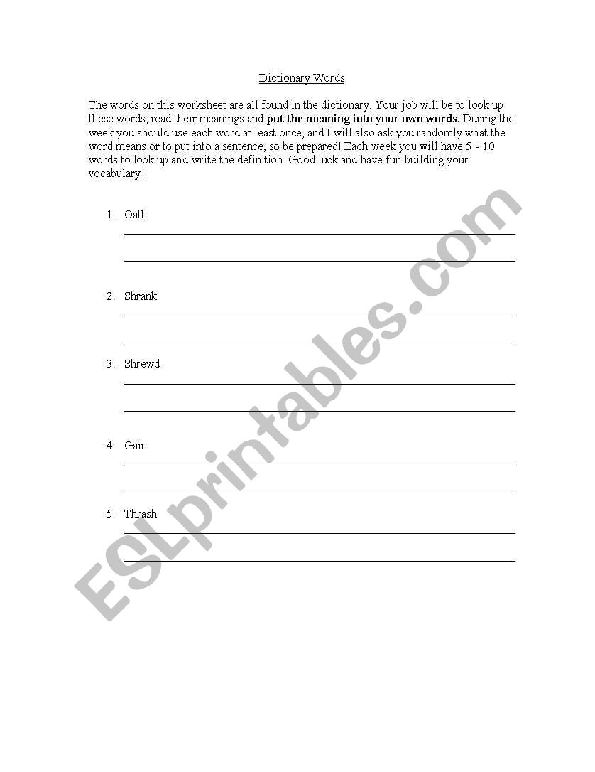 Dictionary Words worksheet