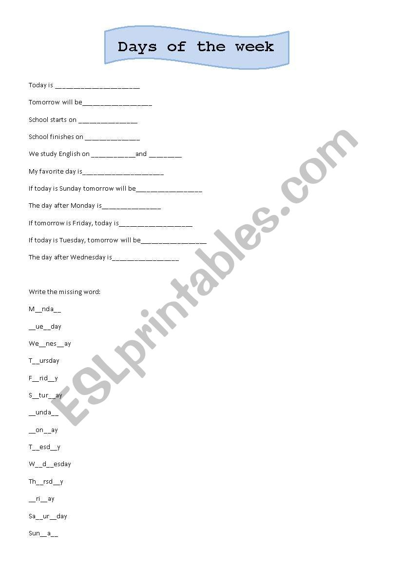 Days of the week worksheet