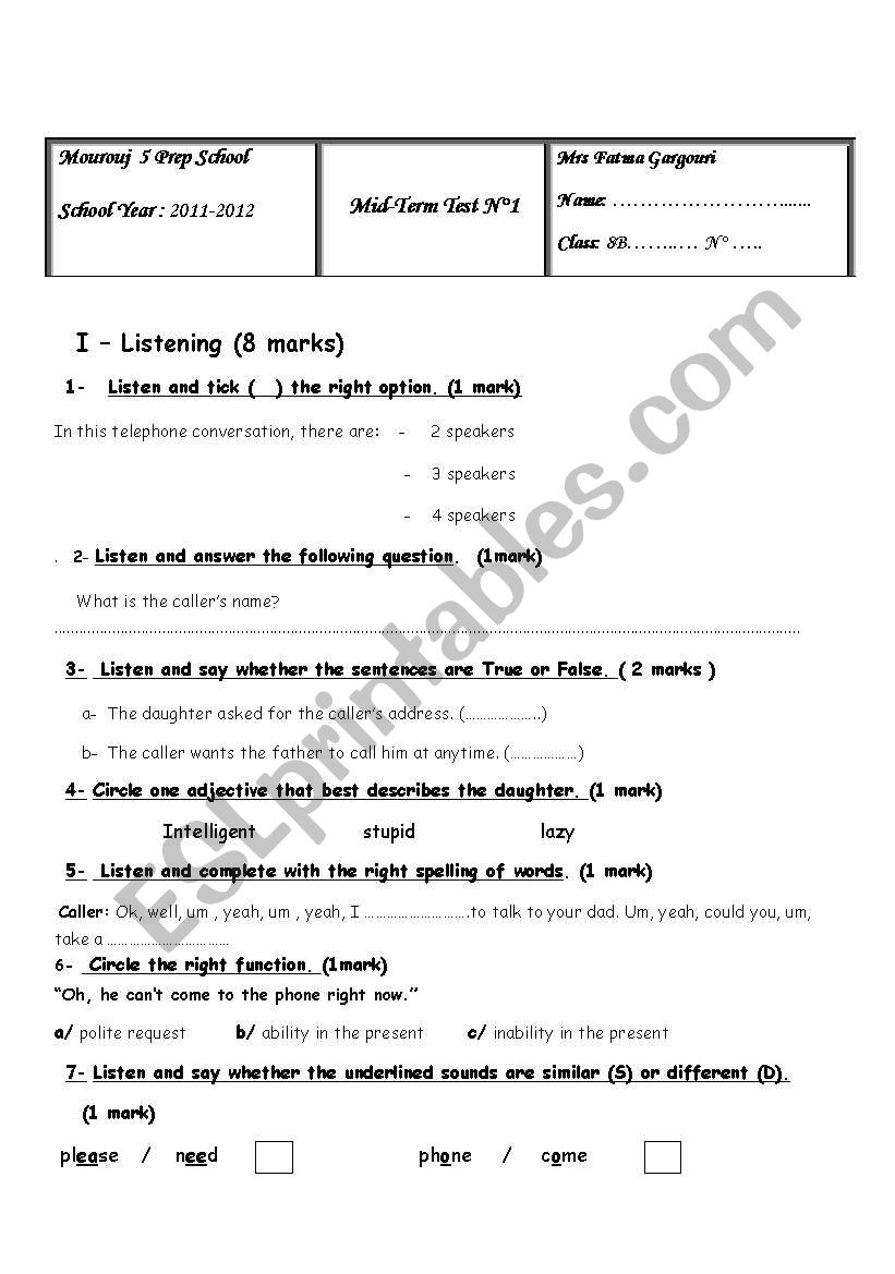 8th form test N°1 worksheet