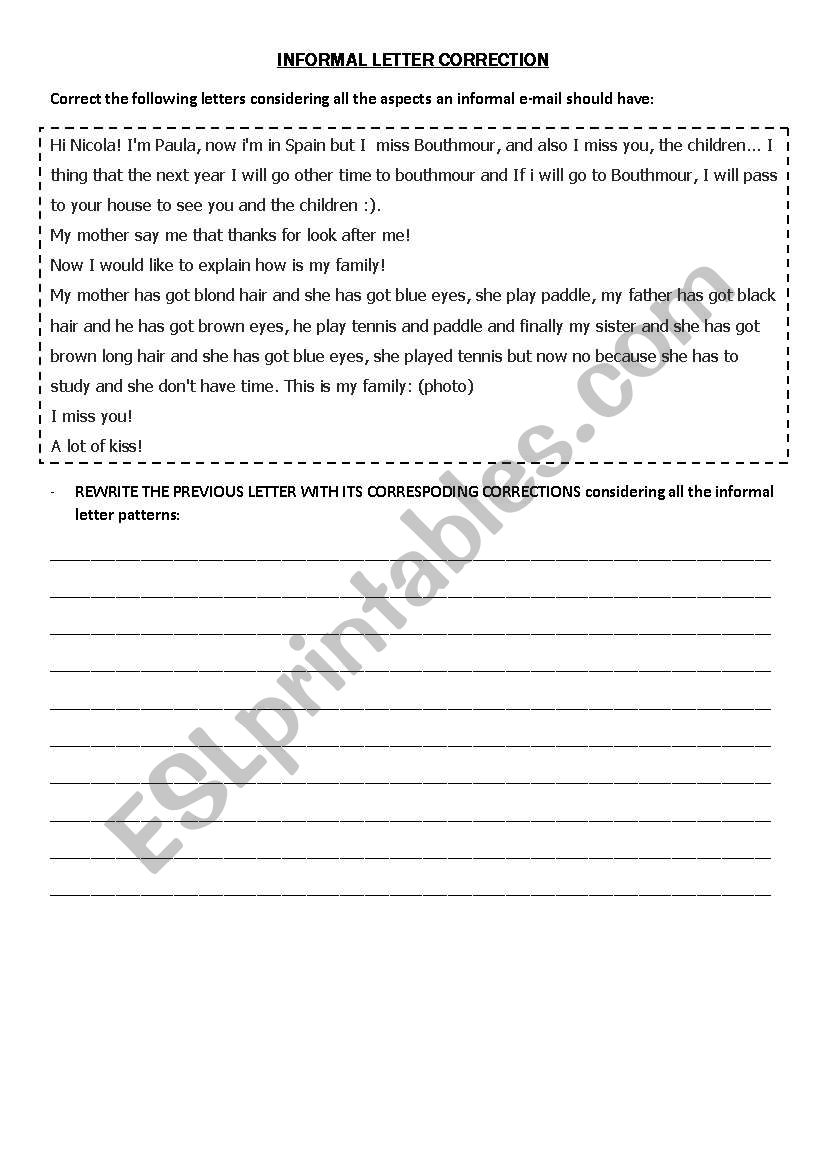 Informal letter correction worksheet