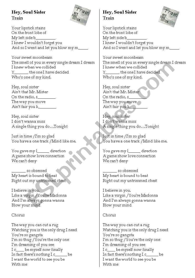 Train - Hey soul sister worksheet