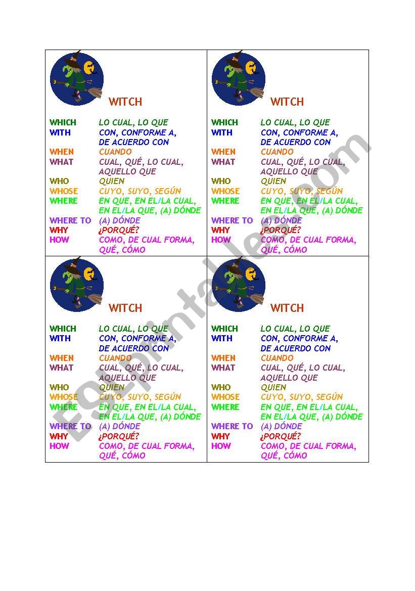 Question word cards worksheet