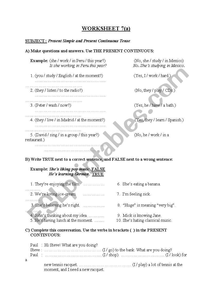 present continuous worksheet