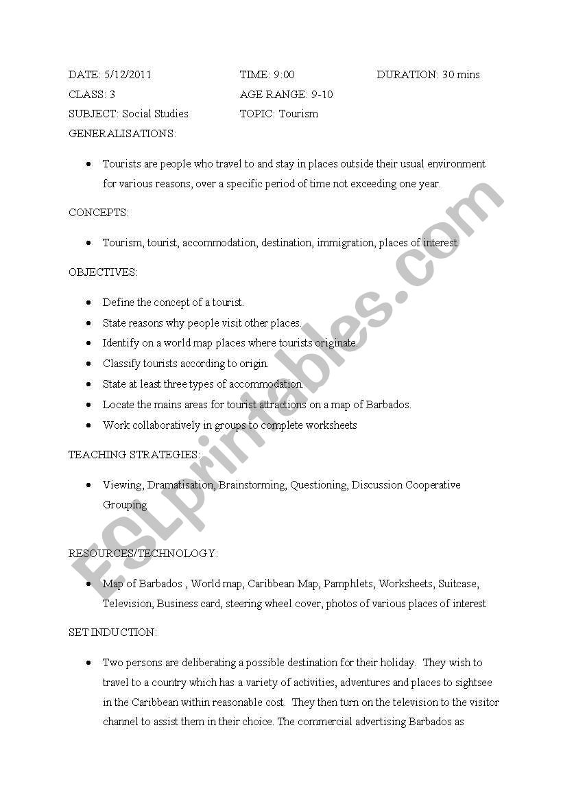 tourism worksheet