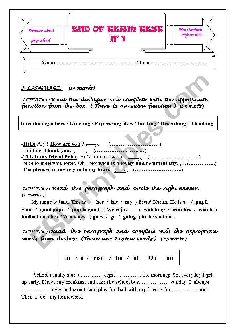 End of term test 7th form worksheet