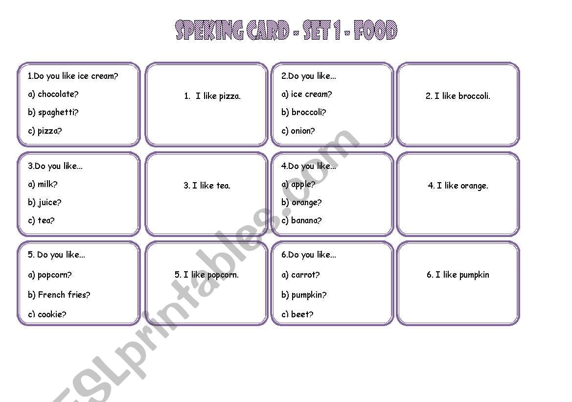 food speaking card worksheet