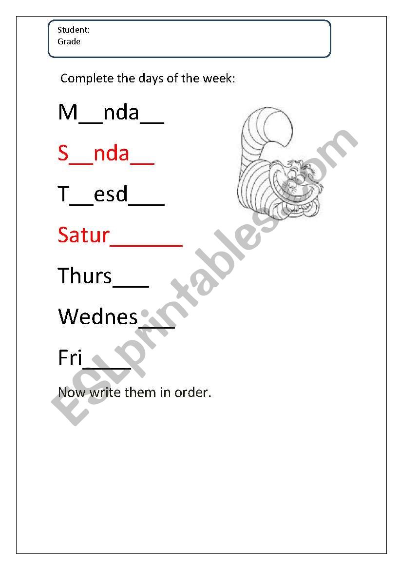 days of the week worksheet