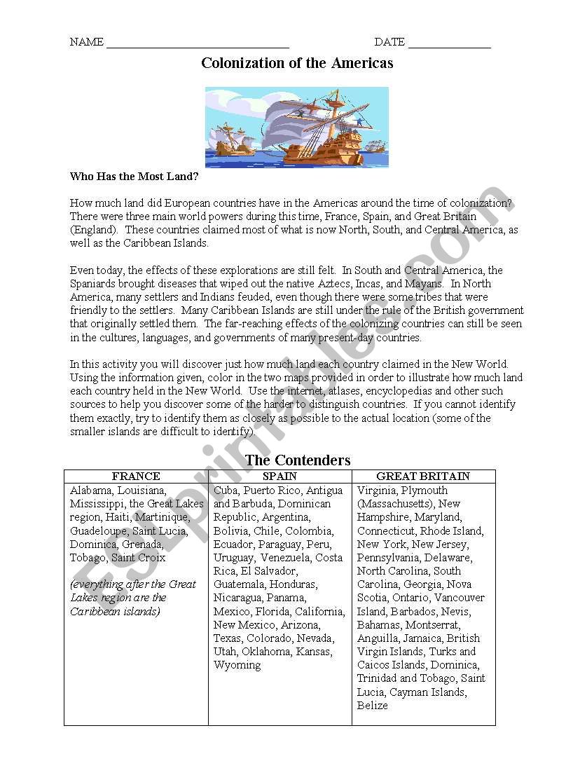 Colonization Worksheet worksheet