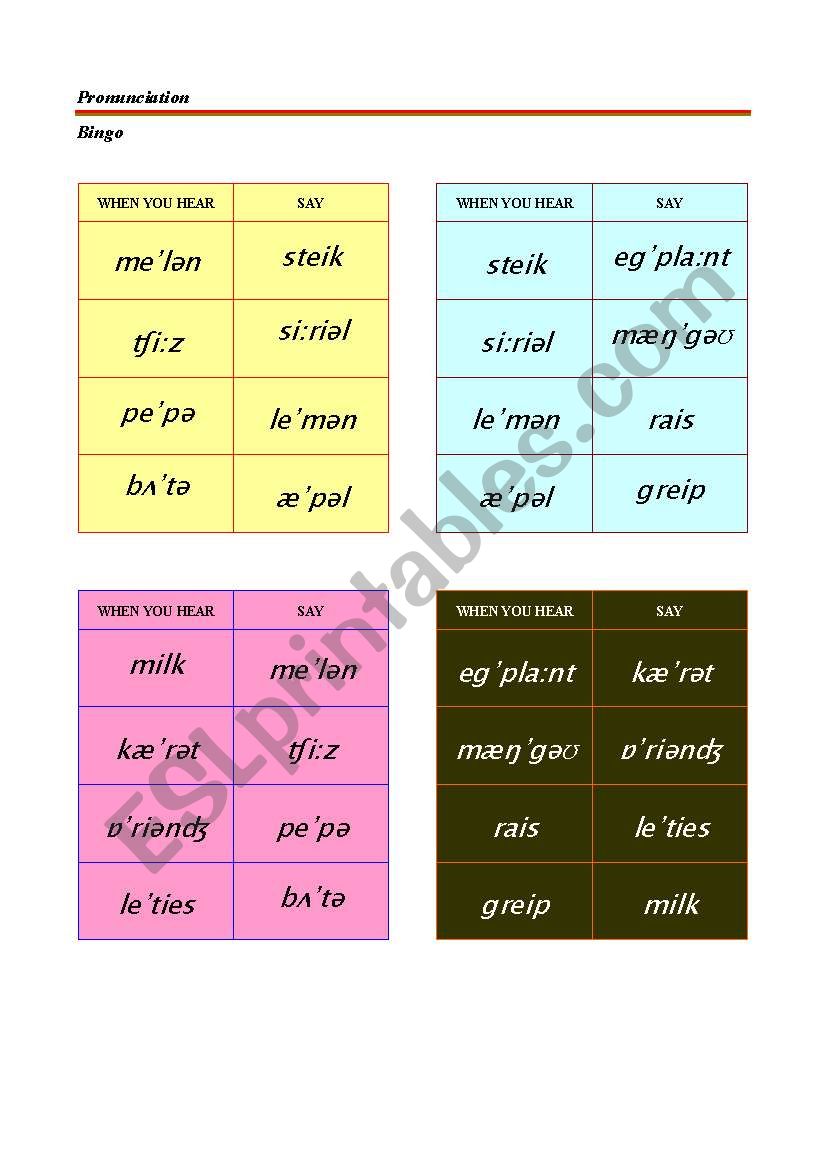 BINGO WITH FOOD ITENS worksheet