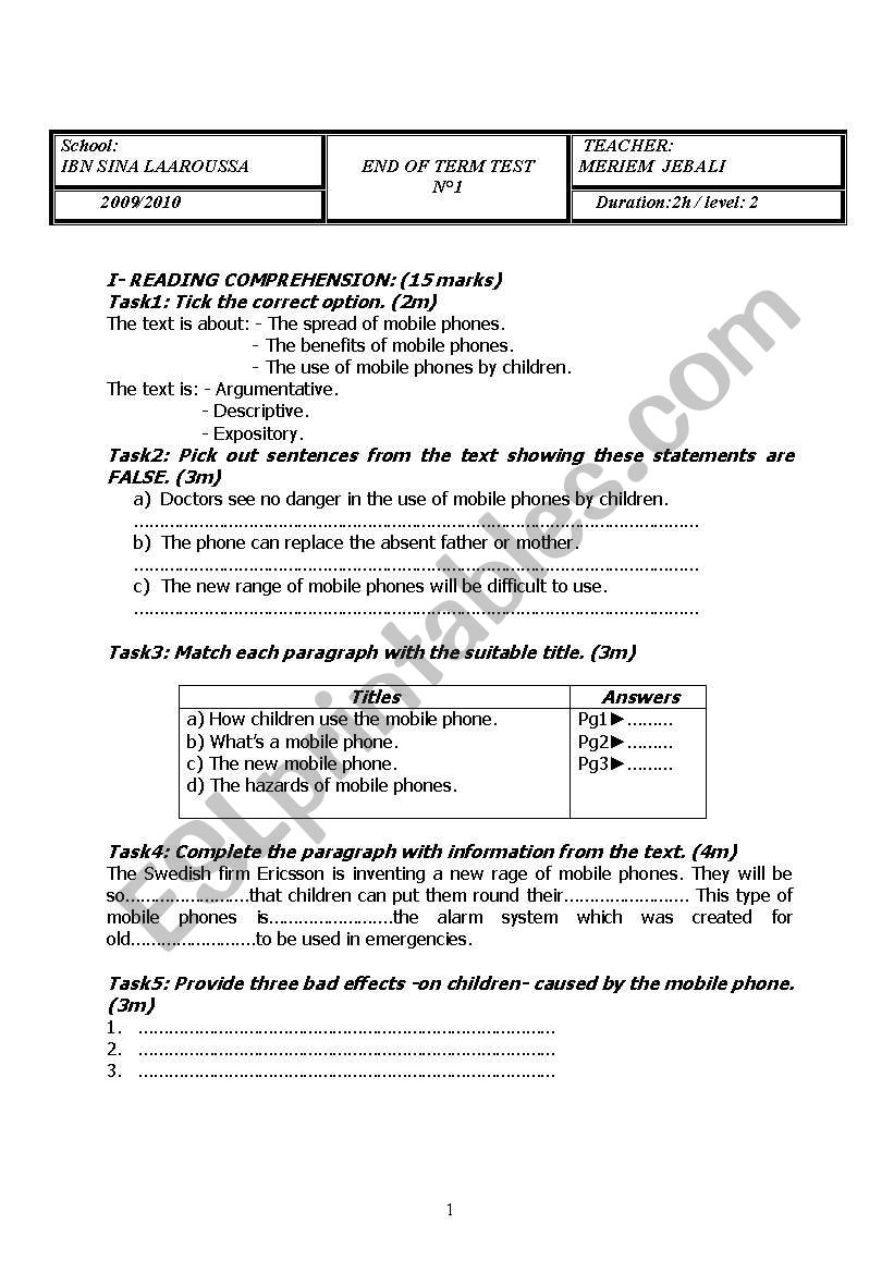 end of term test n1 for second year pupils