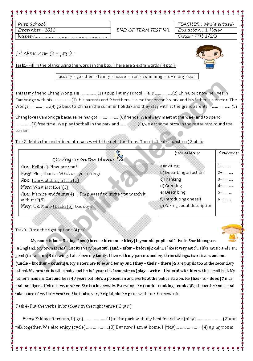 end of term test 1 for the 7th form