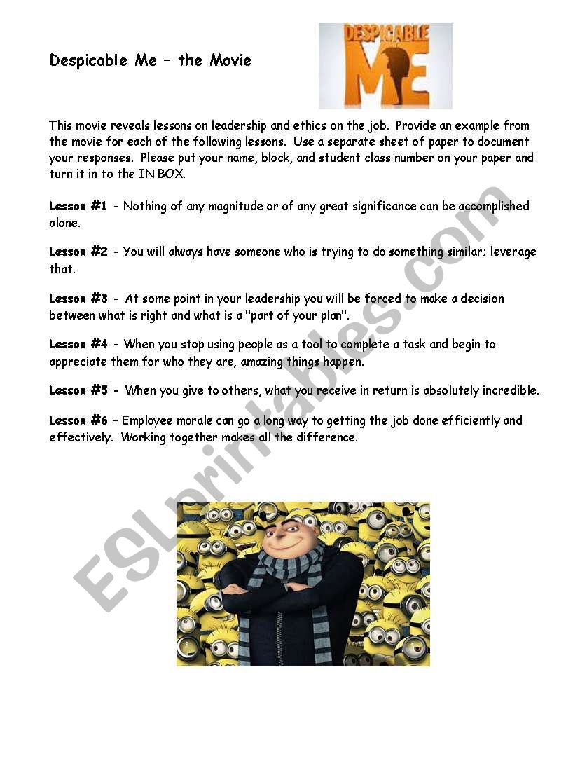 Dispicable Me Movie Worksheet worksheet